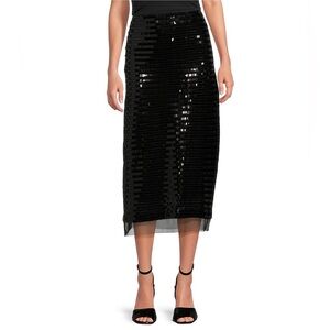 NWT Le' AL.X Sequin Knit High Rise Sheath Slip Midi Sheer Hem Coordinating Skirt